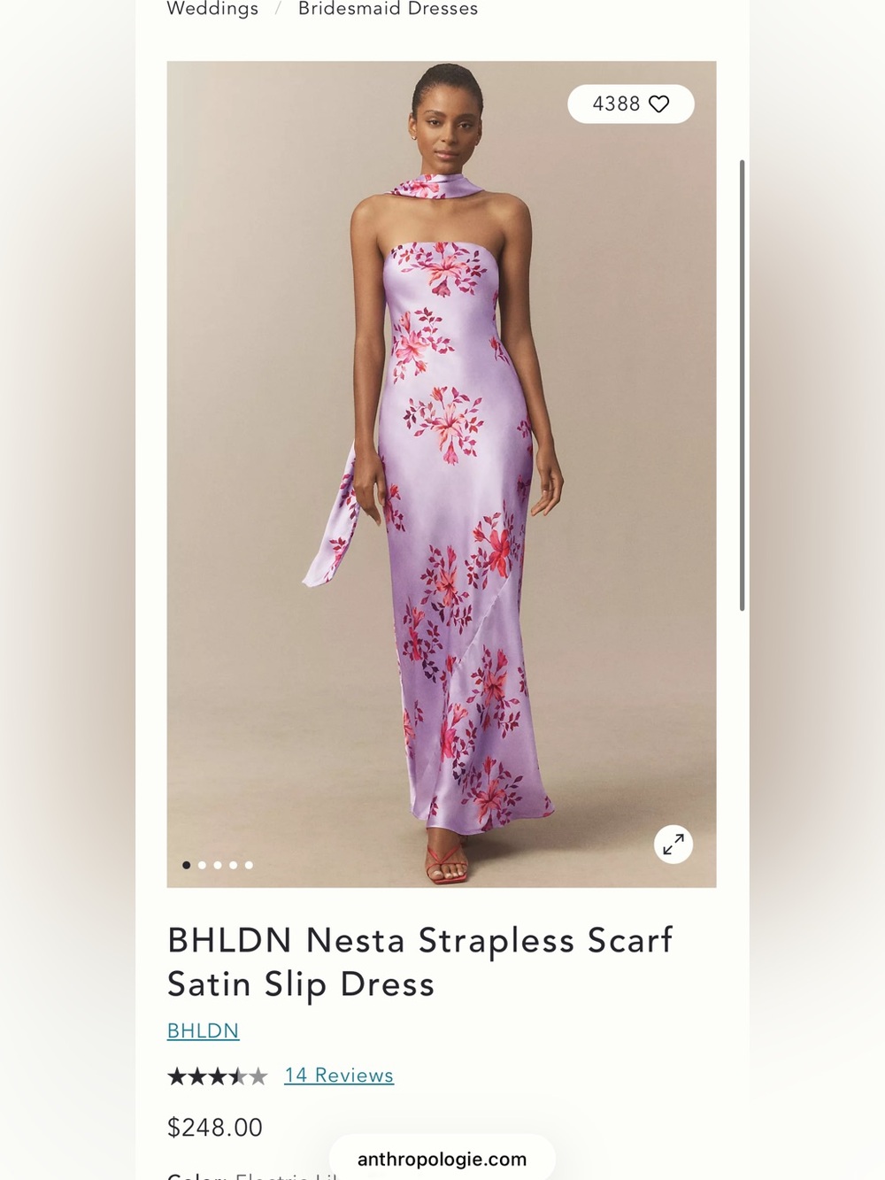 Anthropologie Lavender Strapless Satin Slip Dress with Pink Floral Print